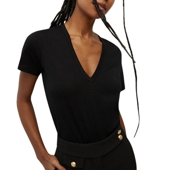 Veronica Beard S Cindy V Neck Tee Black Short Sleeves 100% Pima Cotton - Picture 1 of 9